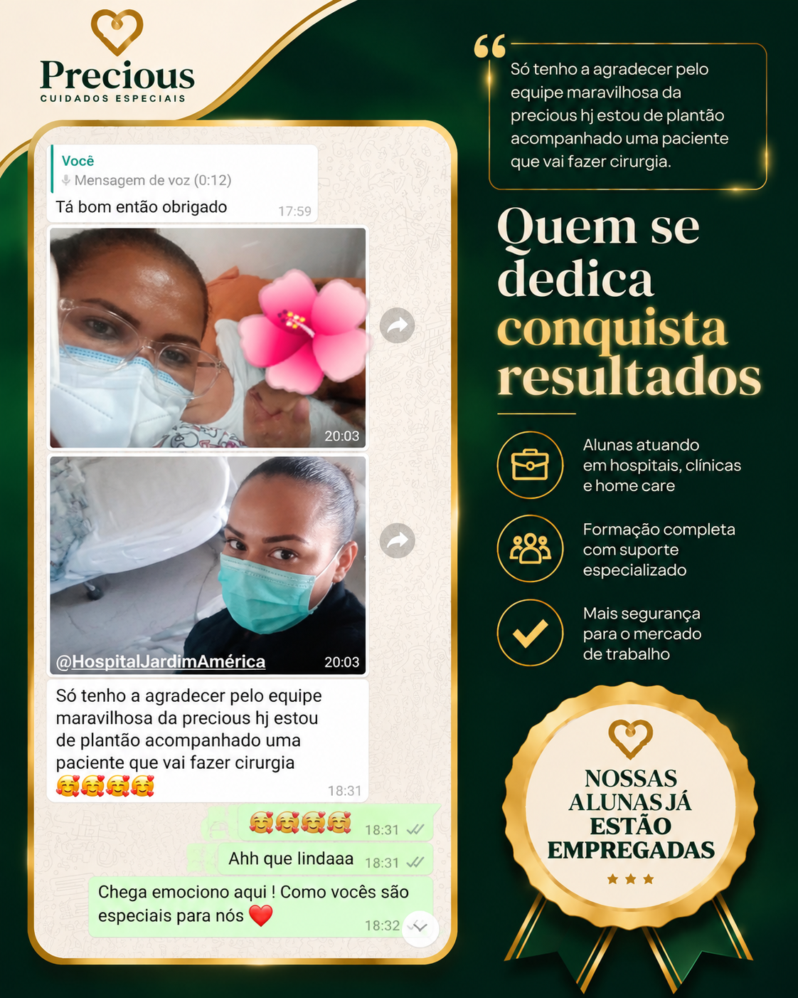 Mensagem de aluna Precious agradecendo a equipe durante plantão em hospital