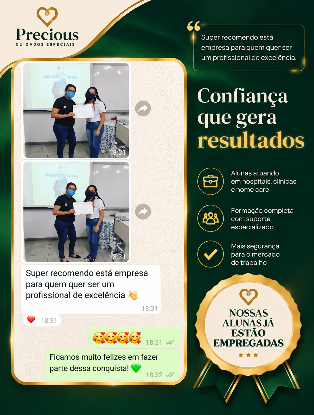 Mensagem de alunas Precious com o certificado de conclusão do curso de cuidador de idosos