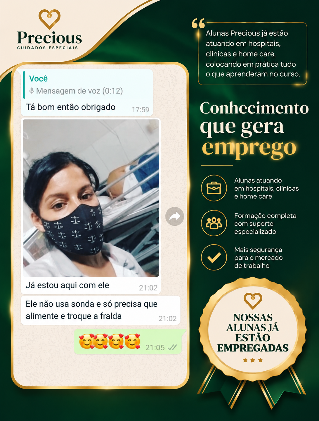 Mensagem de aluna Precious mostrando a rotina de cuidados com um paciente